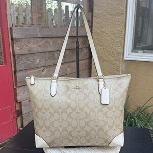 Coach Signature Monogram Zip Tote Light Khaki Chalk Women's Shoulder Bag Casual